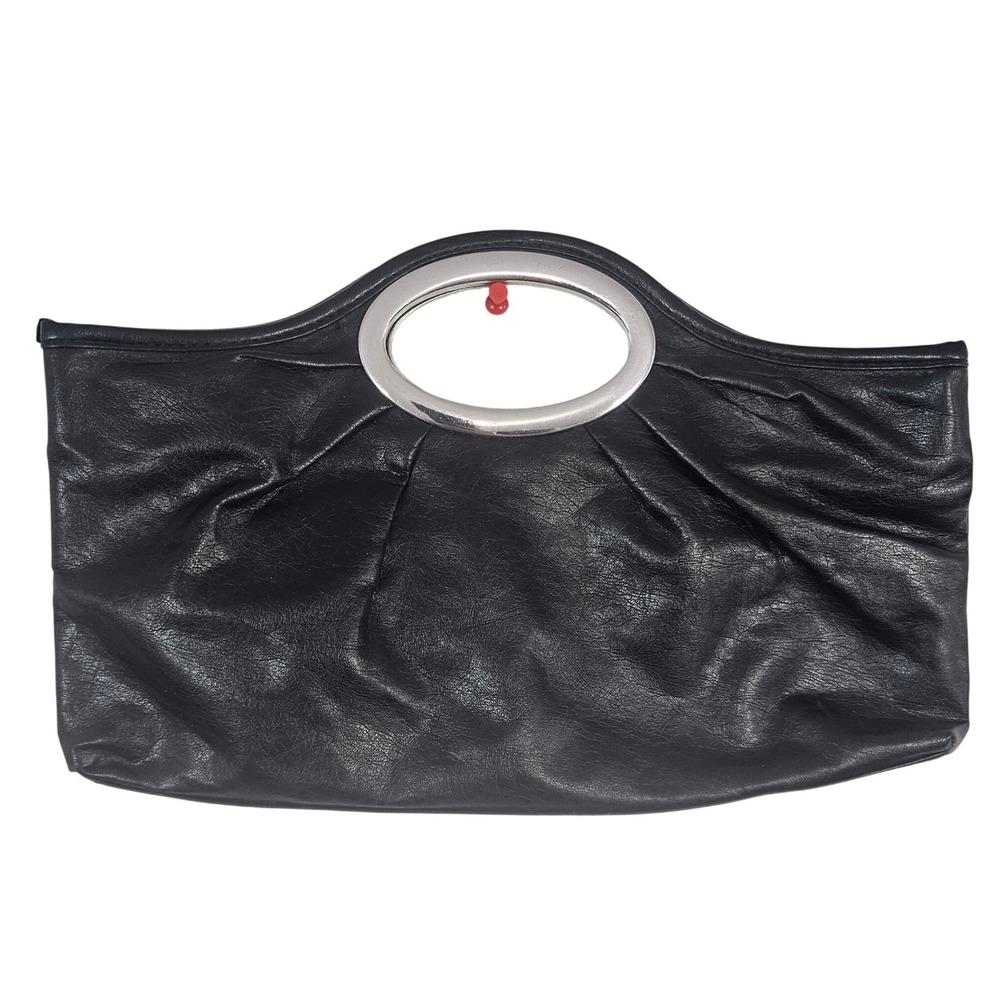 Black Pebbled Leather Slouchy Clutch Bag Silver Oval Metal Cutout Handle Pleated
